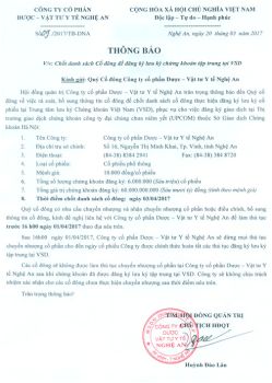 Thông báo V/v : Chốt danh sách cổ đông để đăng ký lưu ký chứng khoán tập trung tại VSD