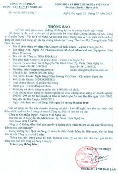 Thông báo : V/v Chốt danh sách cổ đông để đăng ký lưu ký chứng khoán tập trung