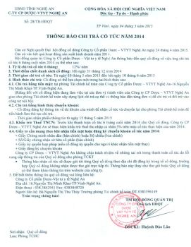 Thông báo chi trả cổ tức năm 2014