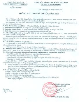 Thông báo chi trả cổ tức năm 2015