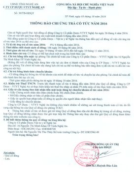 Thông báo chi ứng trả cổ tức 6 tháng đầu năm 2016