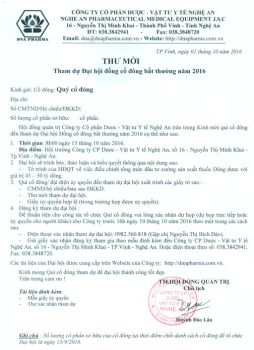 Thông báo đại hội đồng cổ đông bất thường năm 2016