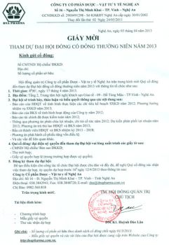 DNA PHARMA Thông báo đại hội đồng cổ đông thường niên năm 2013