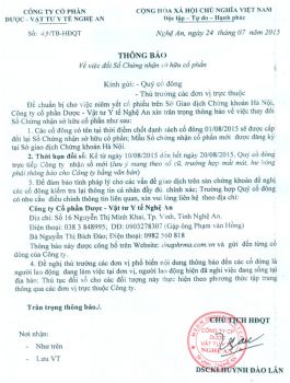 Thông báo : V/v đổi Sổ Chứng nhận sở hữu cổ phần